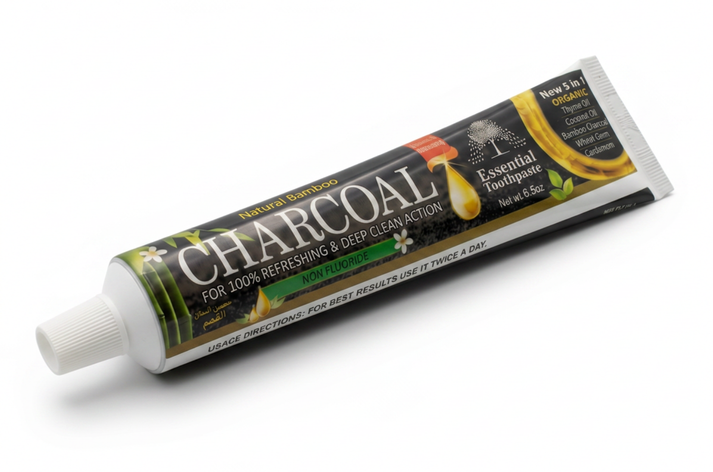 Tube of charcoal toothpaste on a white background